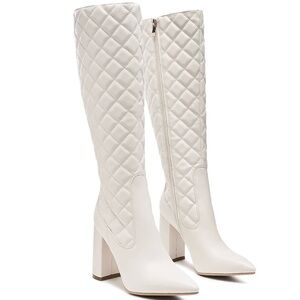 London Rag Quilted Knee-High Block Heeled Boots - Size 8 - White